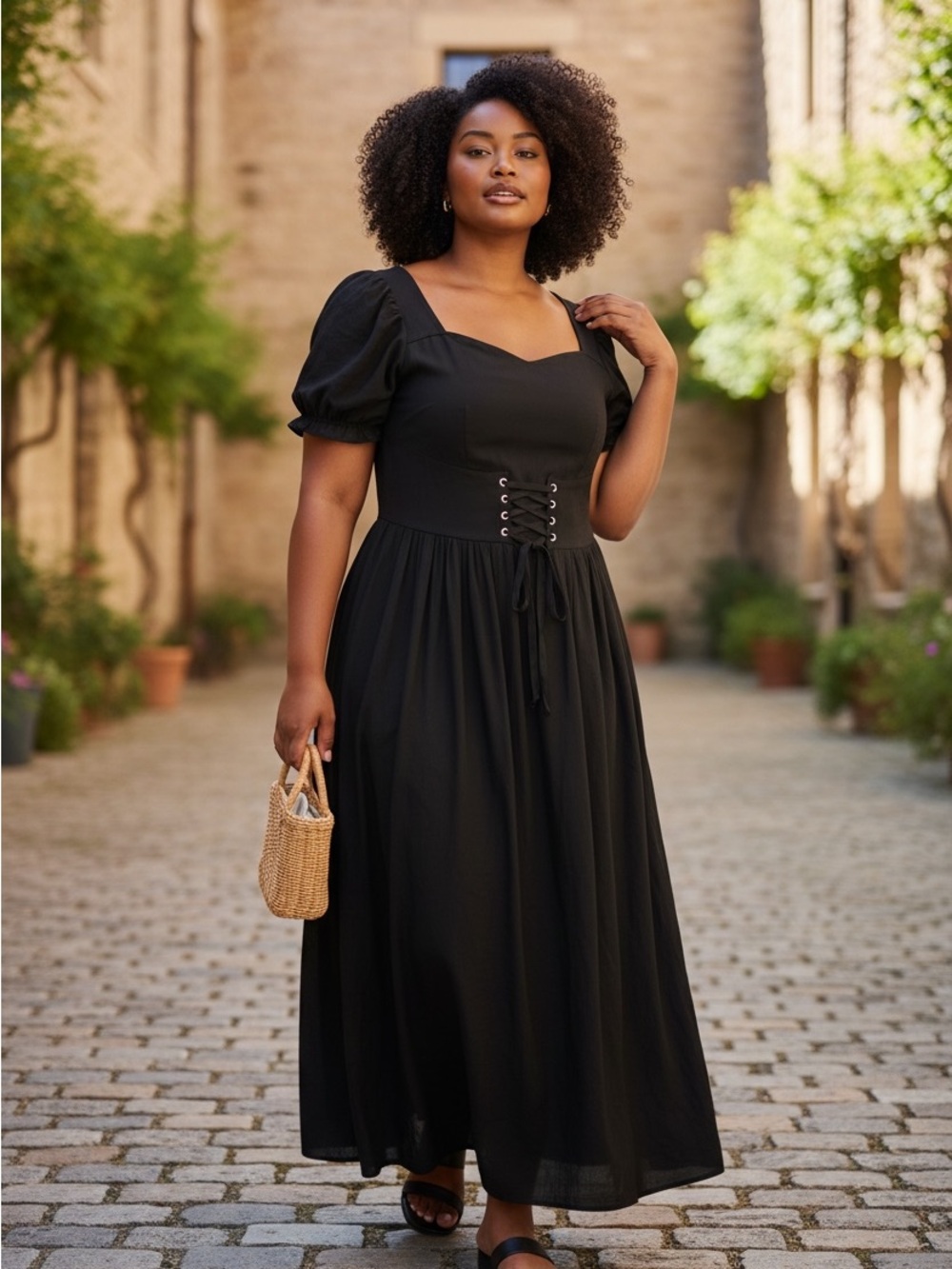 🆕 Hot Topic - Black Maxi Dress - Square Neck - Lace-Up Waist - NWT